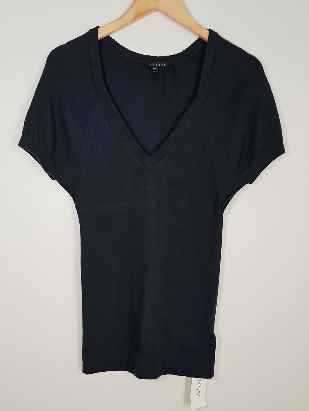 Theory Annie New Cashmere Short Sleeve Sweater Deep V Rib Neck Dark Navy Small
